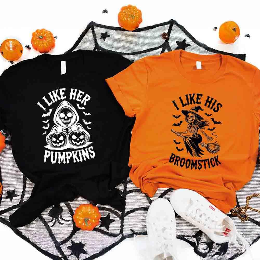 Halloween couple T-shirts set with black and orange crew neck designs and skeleton prints