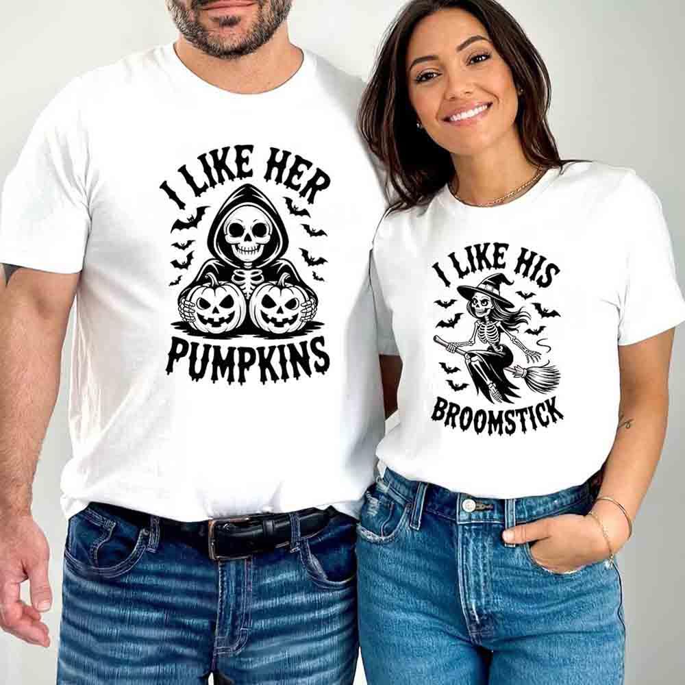 Halloween couple T-shirts in white with skull pumpkin and broomstick graphic front prints