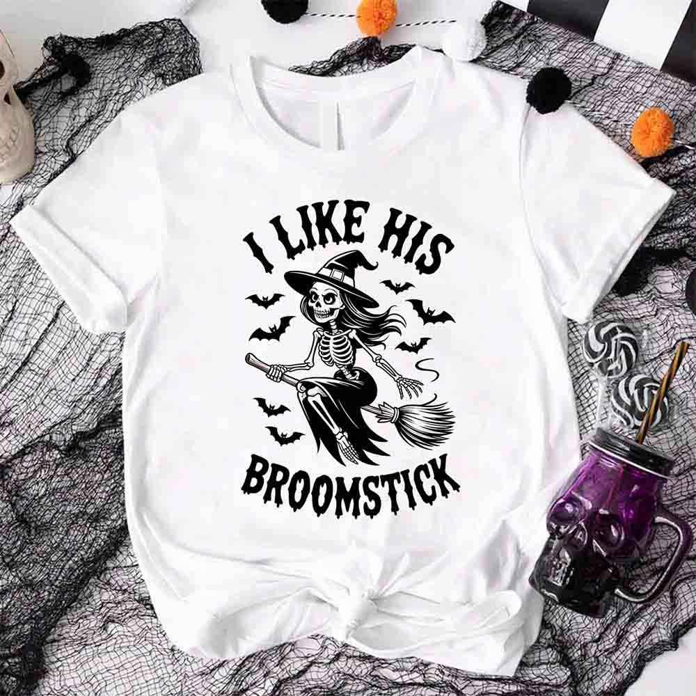 White unisex T-shirt with “I LIKE HIS BROOMSTICK” skeleton witch riding broom graphic