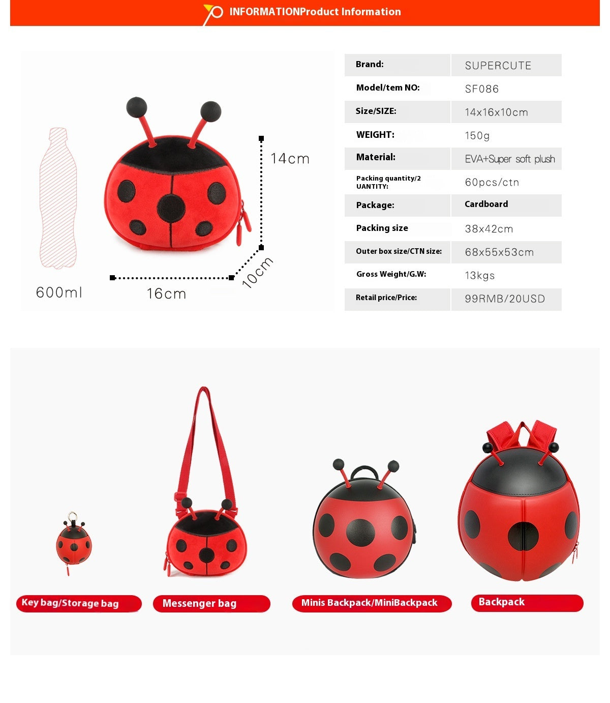 Cute One Shoulder Crossbody Kids Bag Insect Pattern EVA Material Lightweight Embroidered Design