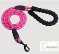 Reflective dog leash with black foam handle, pink braided reflective rope and hook