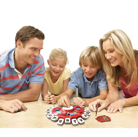 Family playing Spanish fast-paced word game with letter tiles on tabletop
