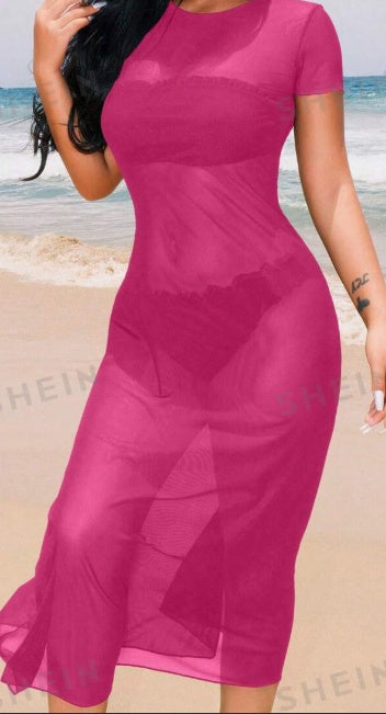 Women Solid Color Round Neck Short Sleeve Sheer Cover Up Dress