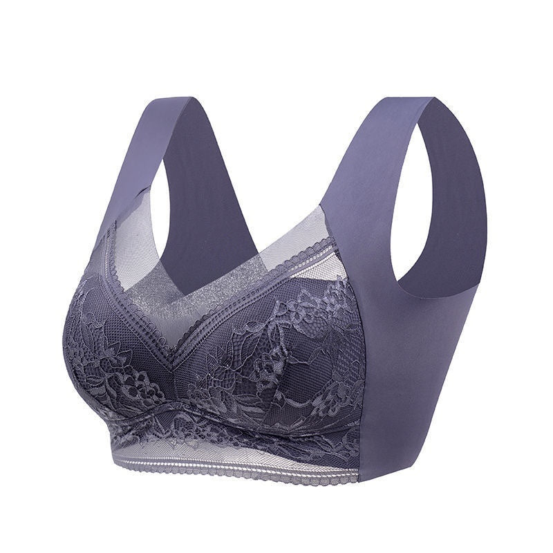 Lavender purple lace wireless push-up bra with 3/4 cups and V-neck lace panel.