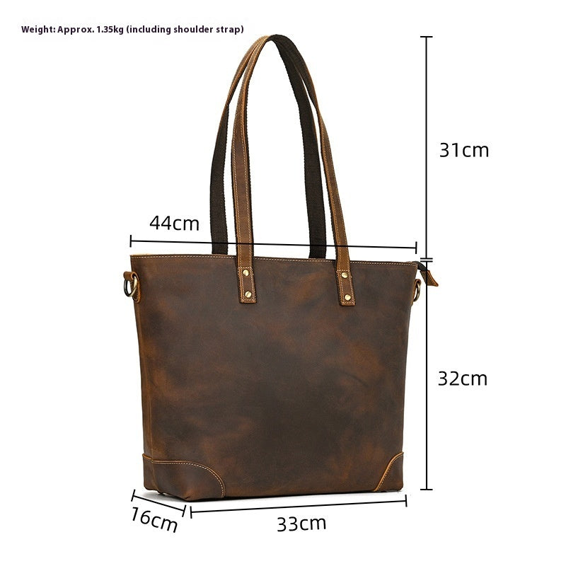 Crazy Horse Leather Tote Bag Large Capacity Genuine First Layer Cowhide Slit Pocket For Daily Use