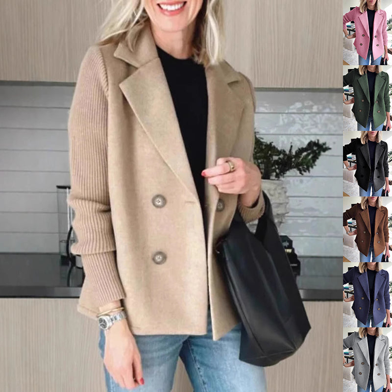 Beige double-breasted lapel jacket with knit sleeves, two-button front, tailored fit.