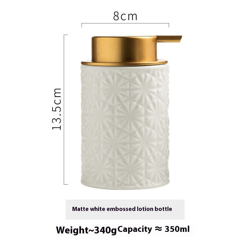 Matte ceramic foam pump dispenser bottle, white embossed pattern with gold pump