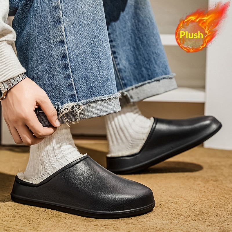 Faux fur-lined waterproof slip-on winter shoes, black leather-look upper