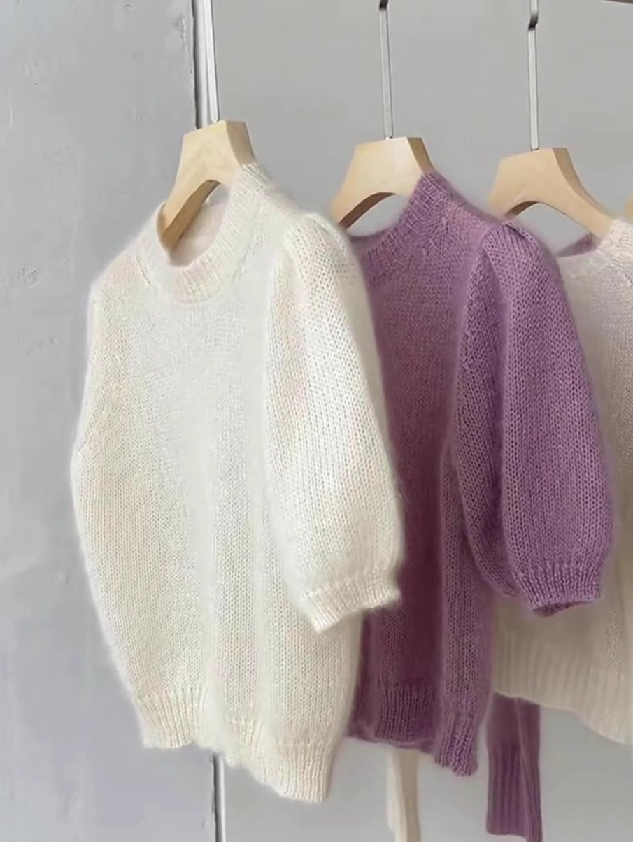 Round Neck Short Sleeve Worsted Woolen Knit Top