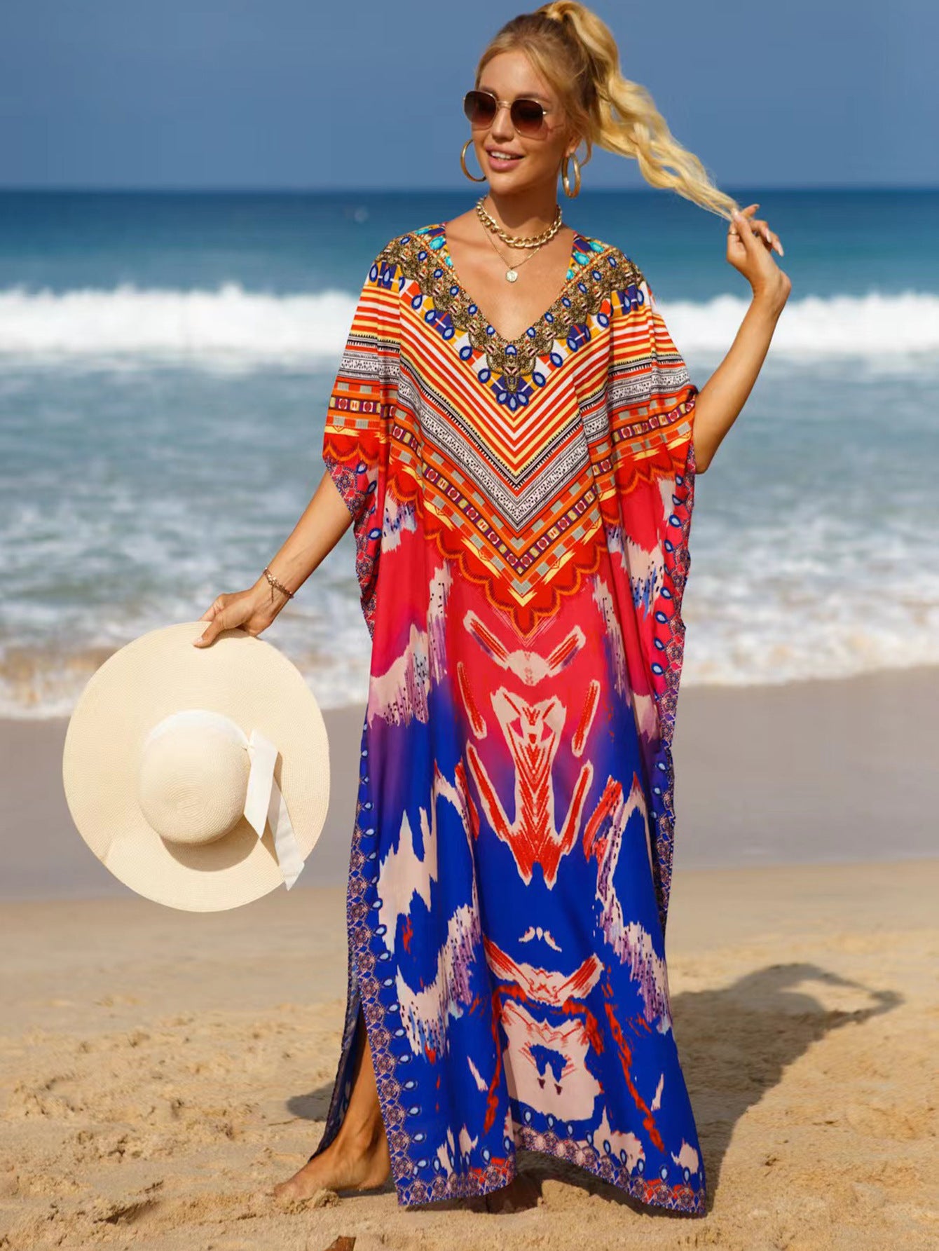 Bohemian Beach Cover Up Dress For Women - Flowy Long Maxi Dress, Lightweight Cotton Blend, Plus Size Available
