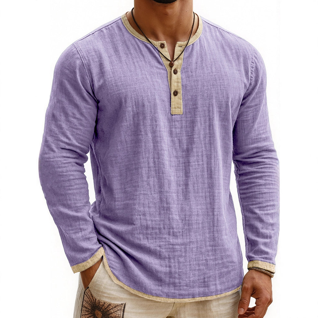 Digital Printing Two-tone Henley Shirt 3-button Men's Casual Long Sleeve