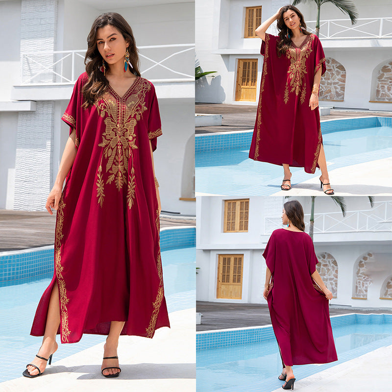 Outerwear Cover-up Rayon Embroidery Plus Size Long Dress Women