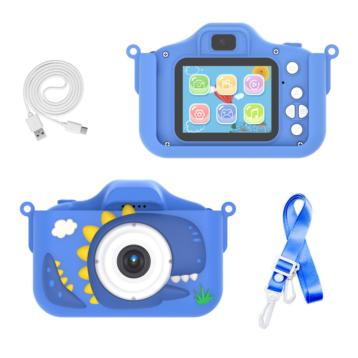 Blue digital camera toy with screen icons, round lens, and included white charging cable and strap