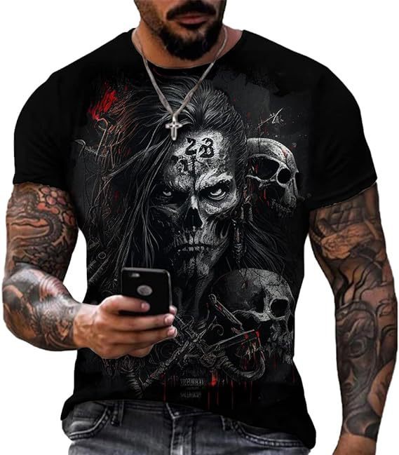 Printed Men's Short Sleeve Skull Head Round Neck T-shirt Hot Selling Short Sleeve
