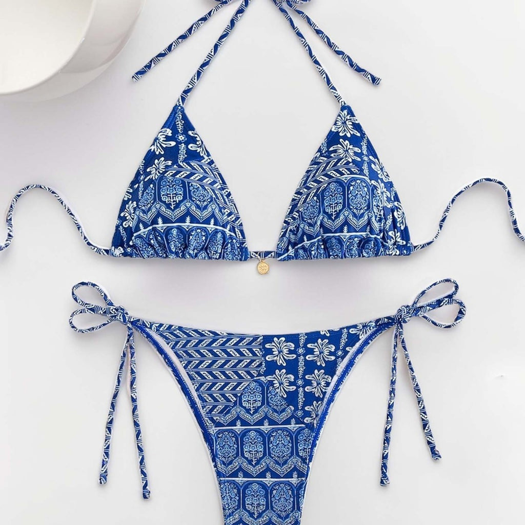 Women Printed Lace-up Bikini Split Swimsuit Swimwear