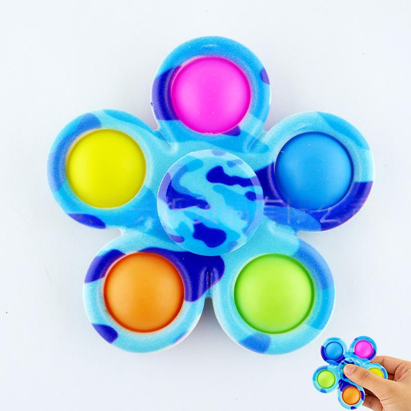 Blue tie-dye fidget spinner stress-relief toy with six neon colored buttons