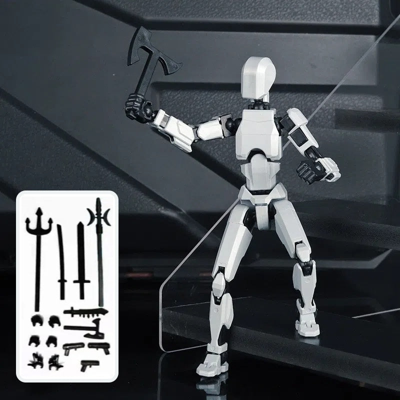 White articulated robot action figure with black weapon accessories on a parts card