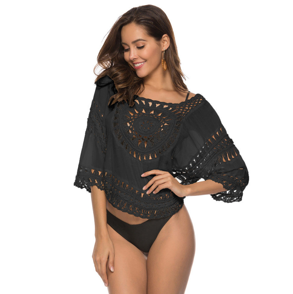 Semicircle Hand Crocheting Hemp Lace Cutout Beach Cover Up One Size Women White Black Apricot Cotton Blend