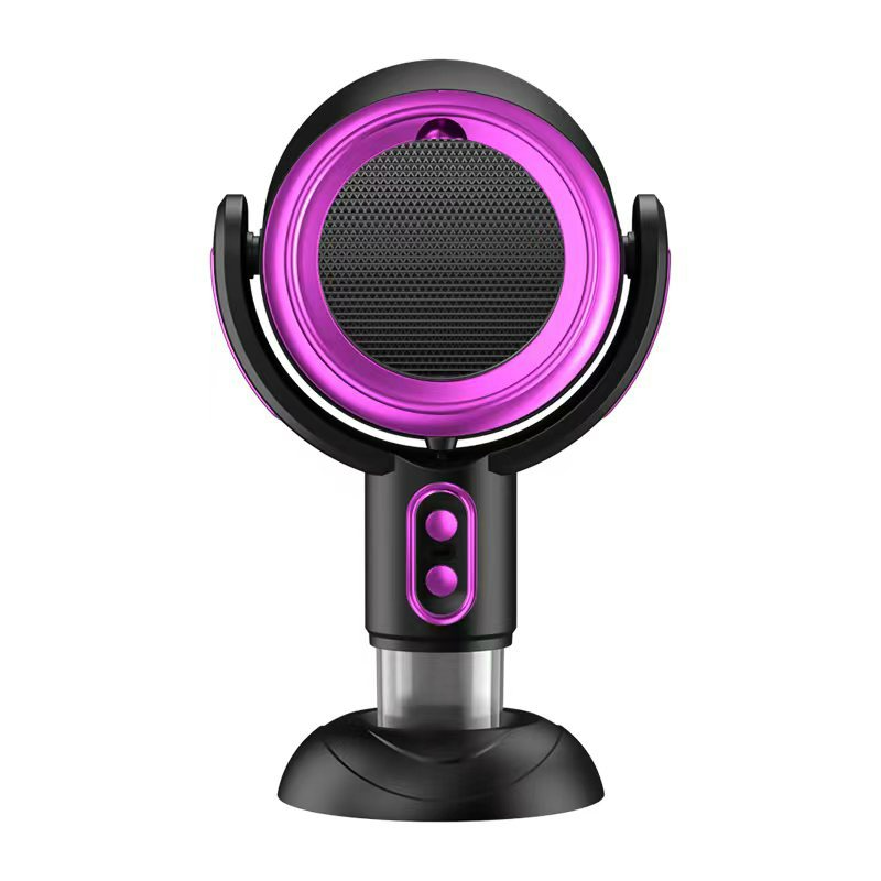 Portable desktop range hood smoke remover, black with purple circular ring and front grille