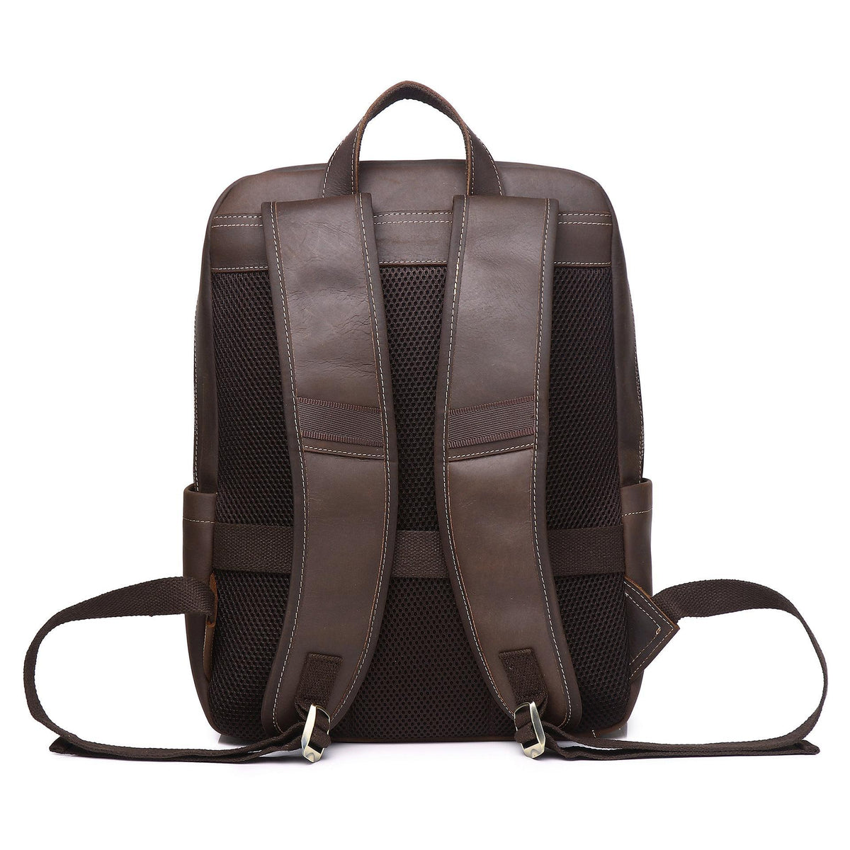Coffee-brown leather backpack with cushioned mesh back panel and adjustable shoulder straps