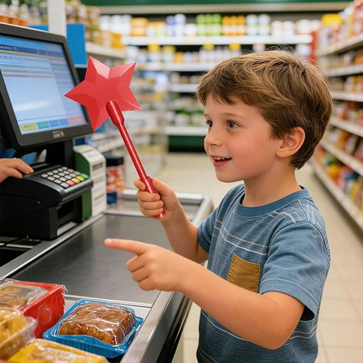Tap-to-pay NFC payment wand with red star-shaped head held at a checkout terminal