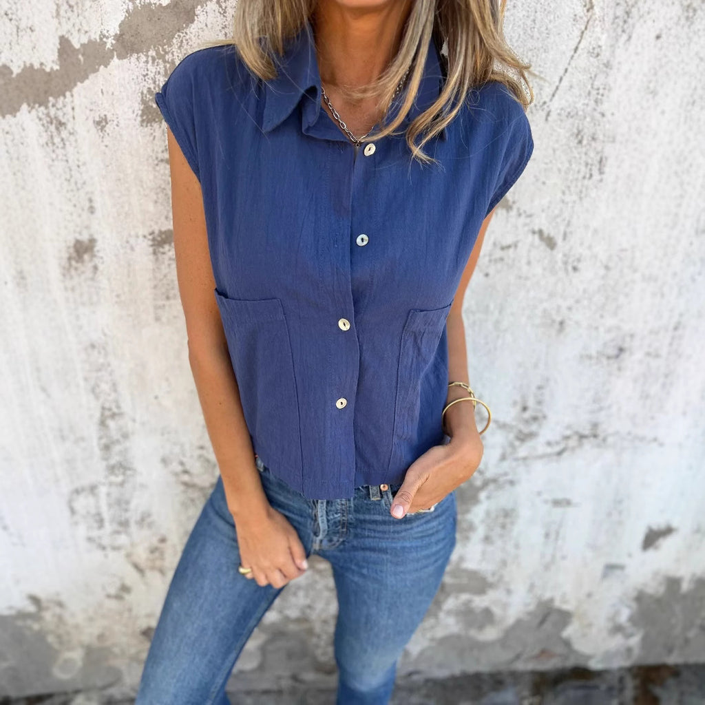 Women's Casual Cotton Linen Button-Up Shirt - Loose Fit with Pockets