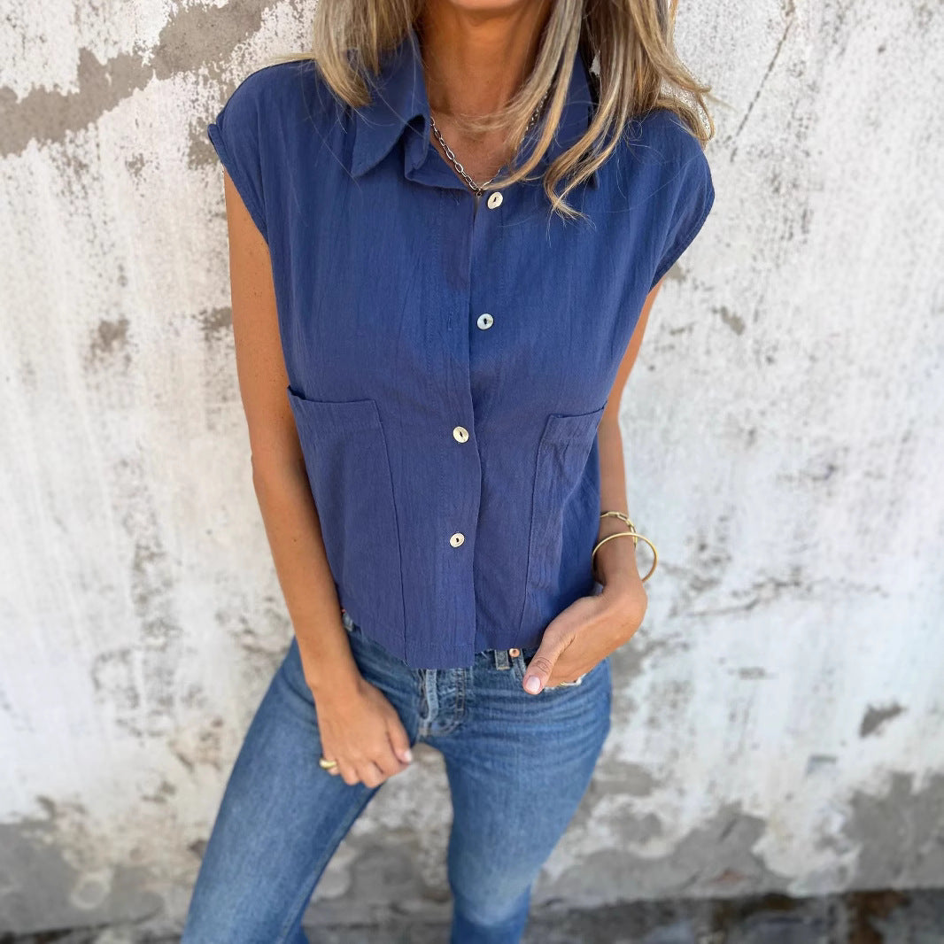 Women's Casual Cotton Linen Button-Up Shirt - Loose Fit with Pockets