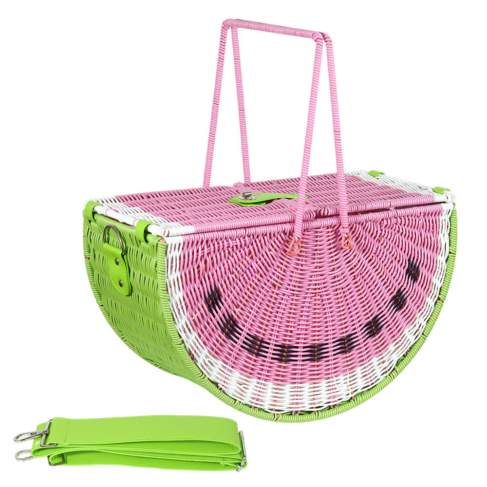 Watermelon Pattern Handheld Basket Multipurpose Rattan Look PP Material For Fruits Vegetables 46x23x28 cm