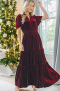 Wine red velvet tiered maxi dress with puff sleeves and gathered waist