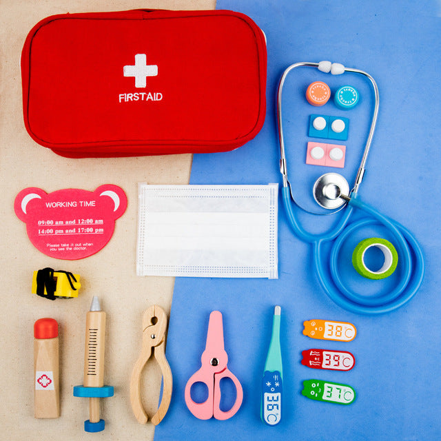 Doctor toy set carry kit with red first-aid pouch, stethoscope, scissors, and thermometer cards