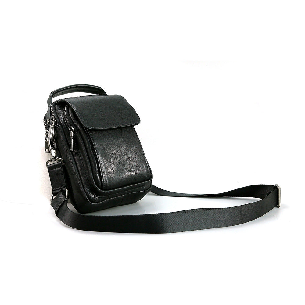 Mens Genuine Leather Top Grain Cowhide Retro Messenger Bag Black 7 Inch European American Style