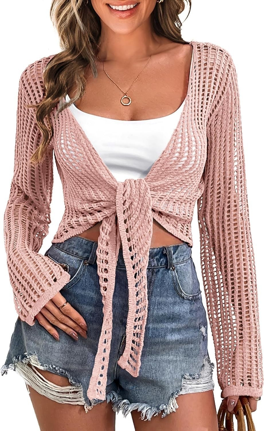 Beach Cover-up Hollow Out Long Sleeve Lace-up Sweater Top For Women