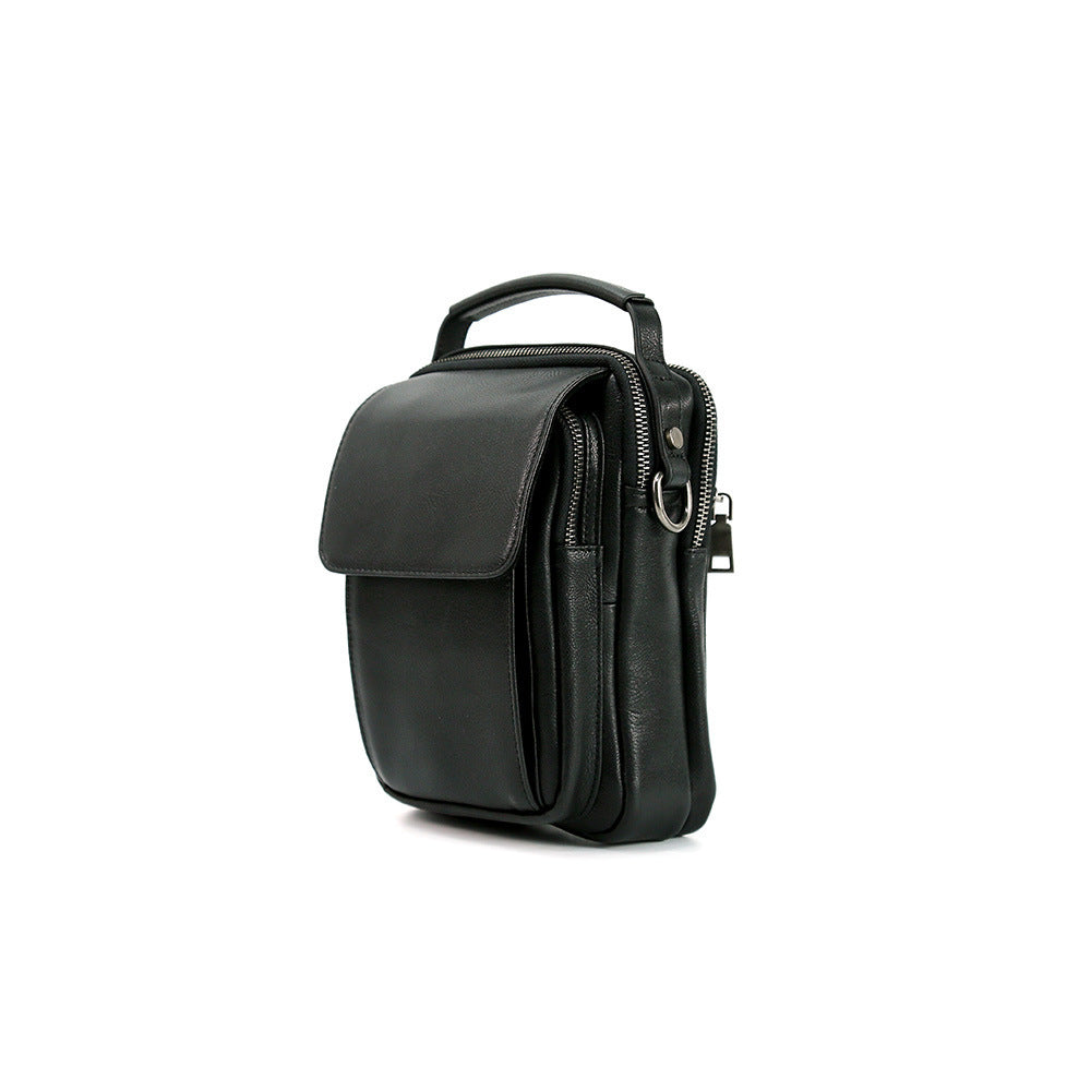 Mens Genuine Leather Top Grain Cowhide Retro Messenger Bag Black 7 Inch European American Style