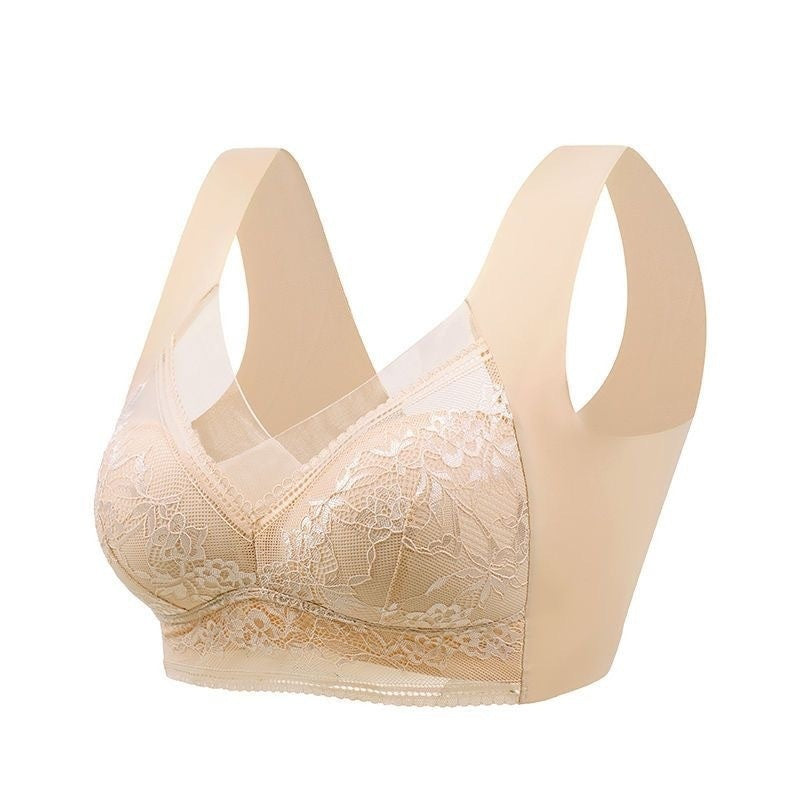 Beige lace wireless push-up bra with 3/4 cups and V-neck lace panel.