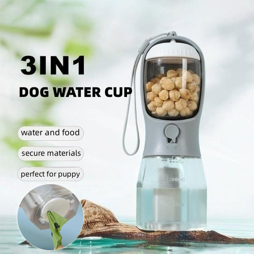 3-in-1 pet travel water bottle with food chamber window and wrist strap, water and kibble shown
