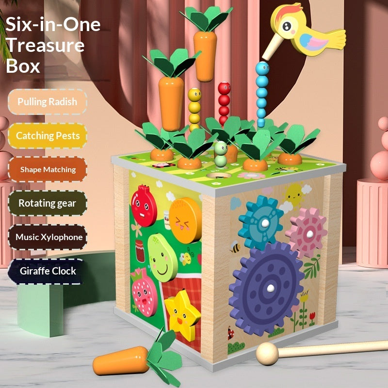 Six-in-One treasure box wooden activity toy with rotating gears, clock, and xylophone panel