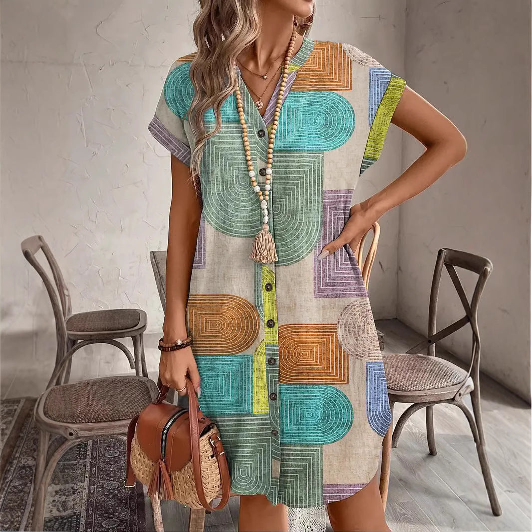Multi-color woven short-sleeve V-neck button dress with geometric circle pattern, above-knee length