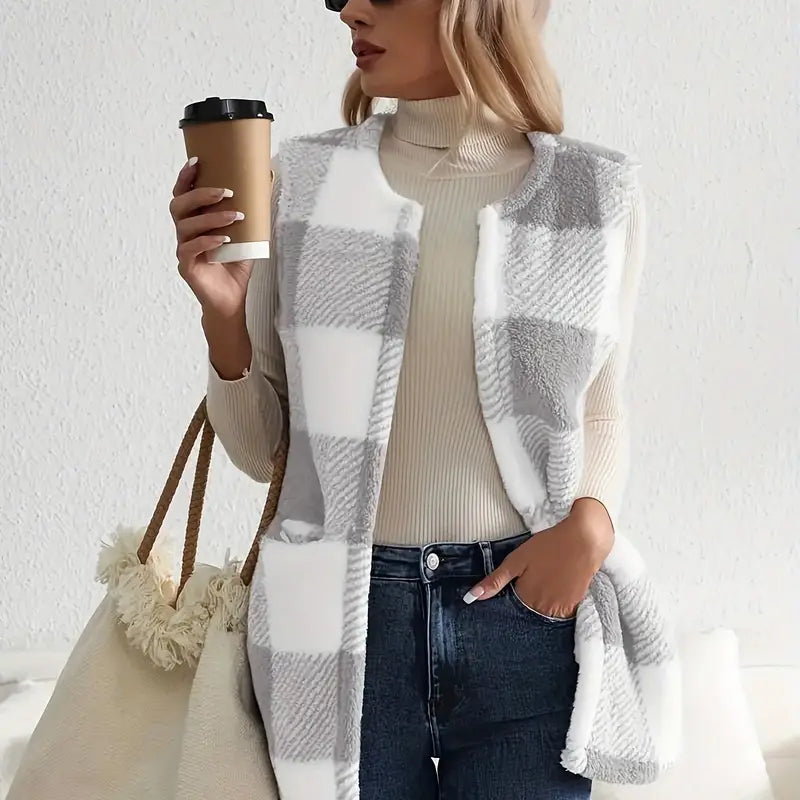 Women's sleeveless plaid sherpa vest jacket in light grey and white with open front