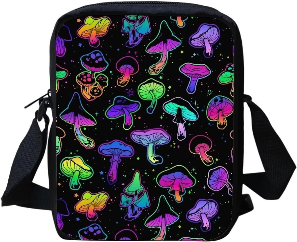 Butterfly Mushroom Nylon Crossbody Bag Lunch Bag for Daily Use Unisex Small Satchel with Zippered Interior