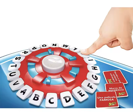 Spanish word game spinner with letter tiles and hand placing a tile