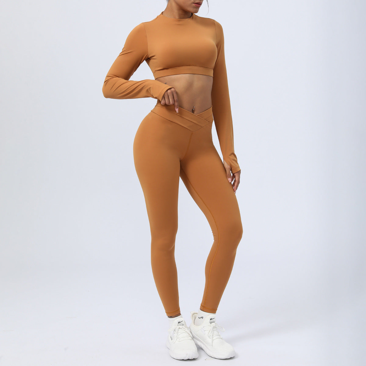 Nude Feel Cross Strap Workout Suit Set Cropped Pants Pullover Nylon Ammonia Double Sided Fabric Light Brown