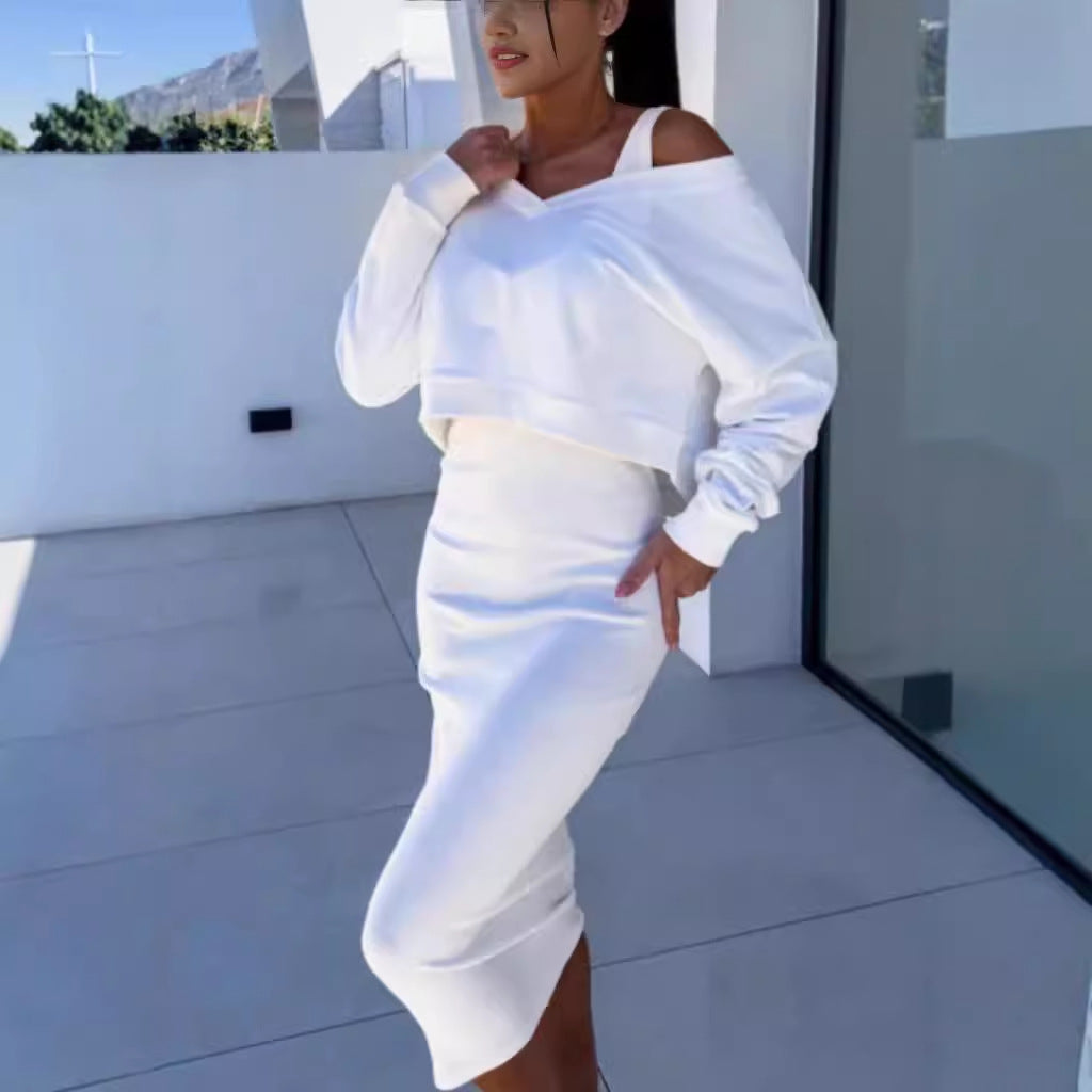 White 2-piece set with long-sleeve V-neck sweatshirt and sleeveless midi dress