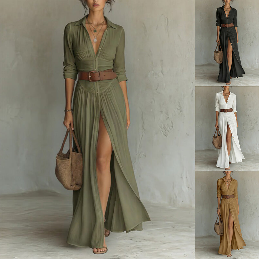 Olive V-neck long maxi dress, side slit, gathered waist, belted look