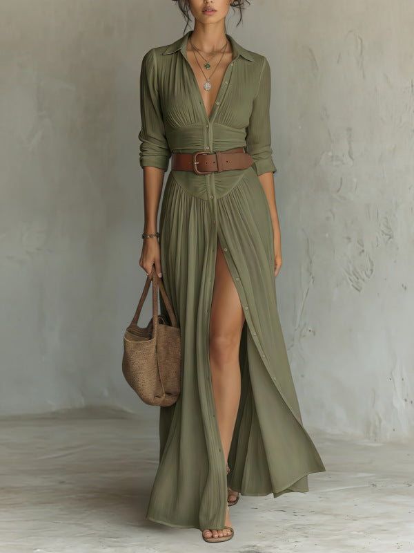 Olive V-neck maxi dress with high side slit, ruched waist, buttoned front