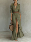 Olive V-neck maxi dress with high side slit, ruched waist, buttoned front