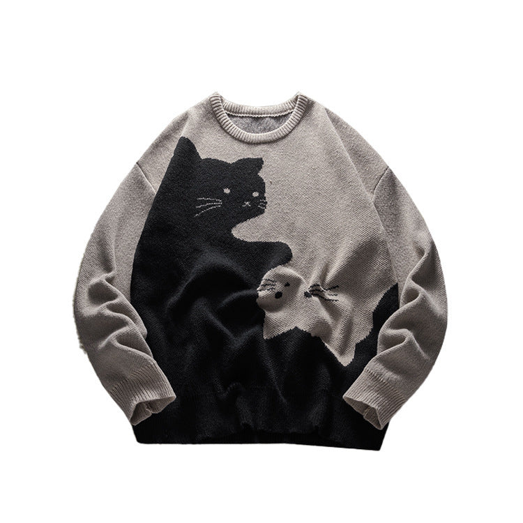 Men's Cat Pattern Round Neck Knitted Sweater