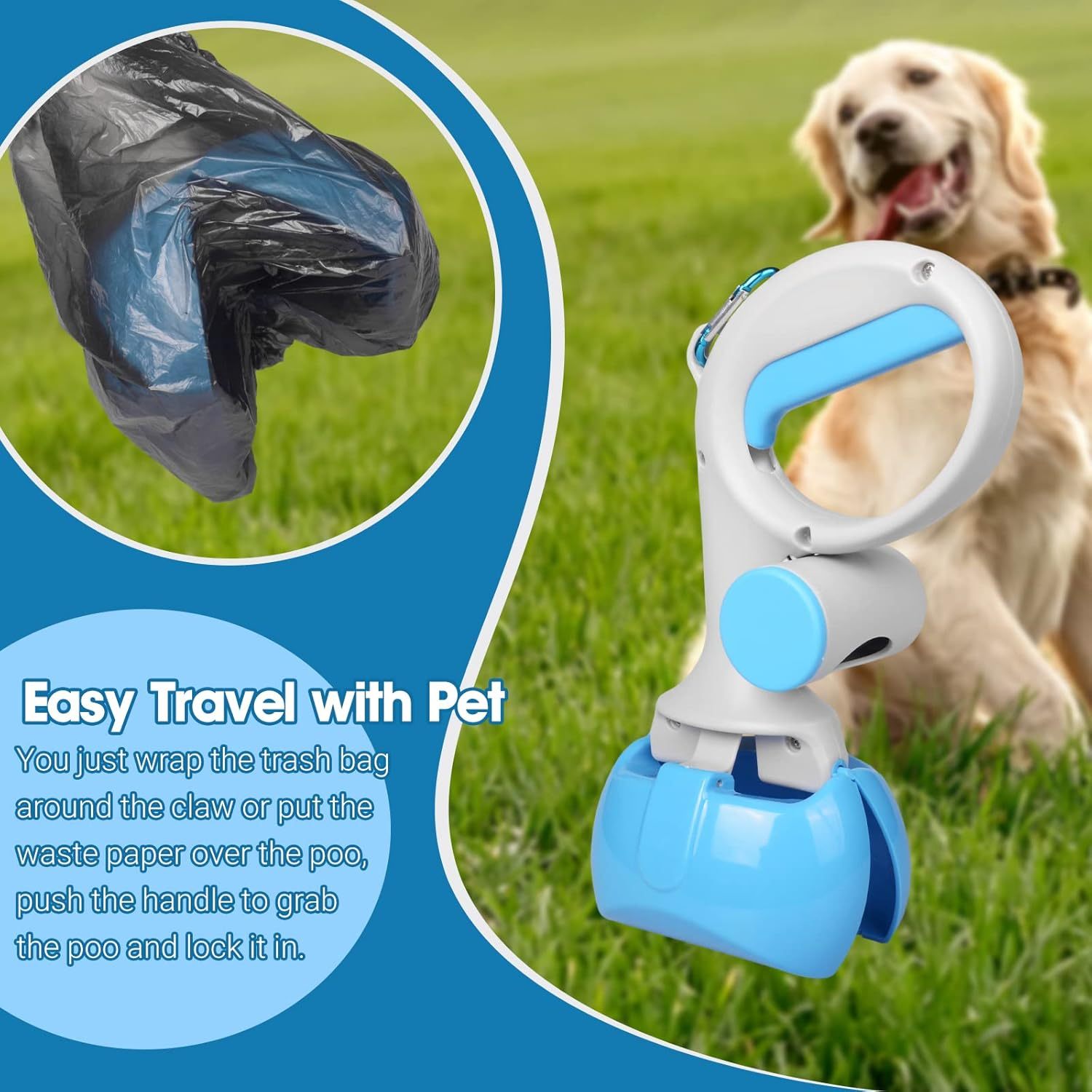 Pet Pooper Scooper With Built-In Trash Bag Holder Non-Breakable High-Strength ABS Plastic Grass And Gravel Cleanup