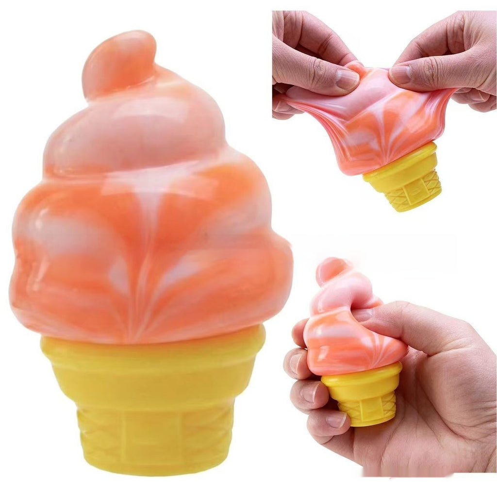 Orange ice cream-shaped stress toy with yellow cone, hands stretching the top
