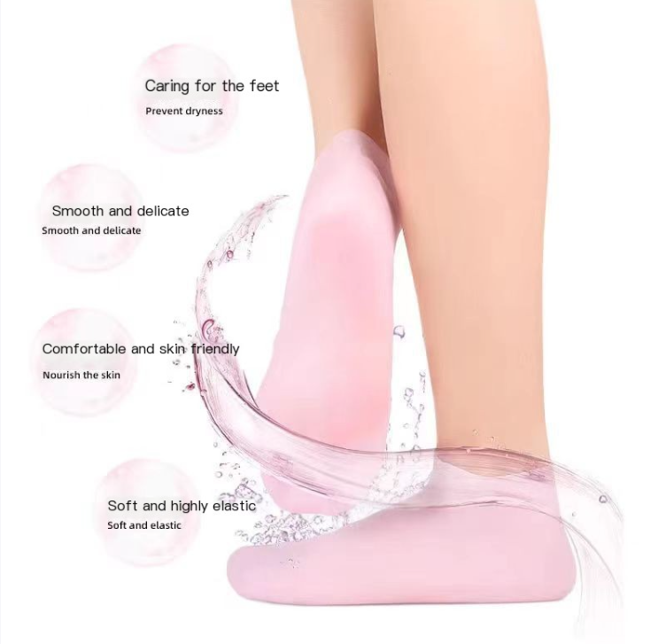 Pink silicone moisturizing foot cover, soft sock on leg with water droplet overlay