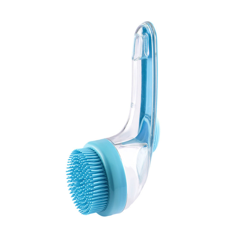 Long-handle pet bath brush with blue bristle head and clear curved handle